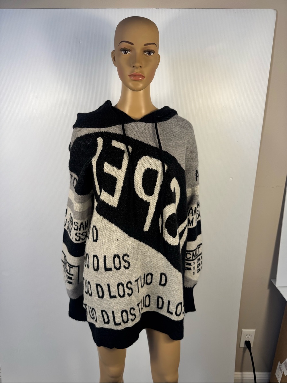NWT Black Multi Oversized Graphic Hooded Sweater Dress | Soft Knit - Picture 4 of 8